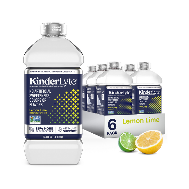 3D rendering of a six-pack of KinderLyte Advanced Lemon Lime with visible branding and packaging design, showing all sides of the product, arranged against a plain background.