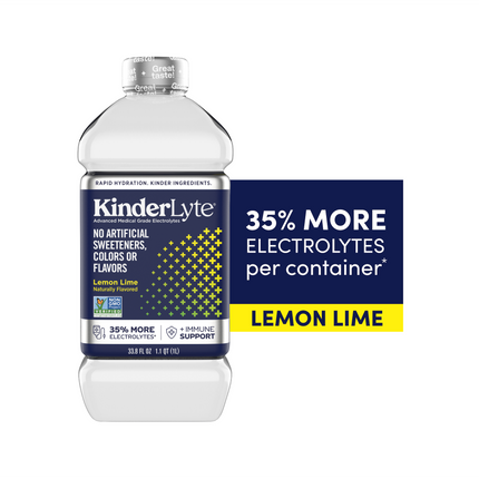 A graphic demonstrating how KinderLyte Advanced has 35% more electrolytes per container.