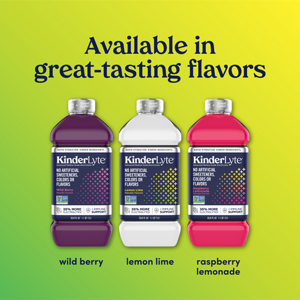 Graphic that reads: Available in great-tasting flavors. Including wild berry, lemon lime and raspberry lemonade.