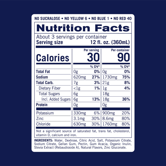 Nutrition facts for KinderLyte Advanced Lemon Lime. Contains 30 calories per 12oz serving. 