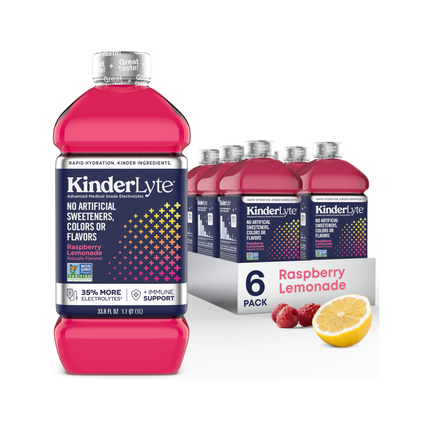 3D rendering of a six-pack of KinderLyte Advanced Raspberry Lemonade with visible branding and packaging design, showing all sides of the product, arranged against a plain background.