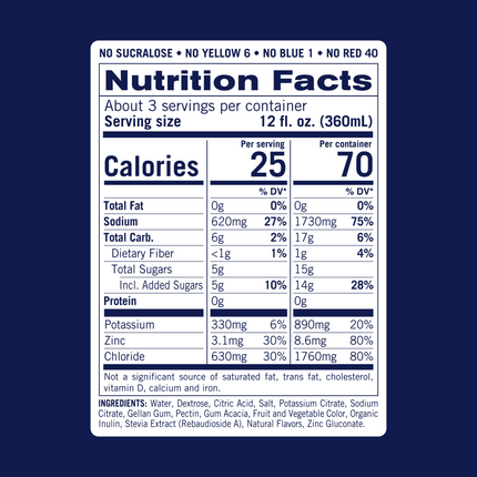 Nutrition facts for KinderLyte Advanced Raspberry Lemonade. Contains 25 calories per 12oz serving. 