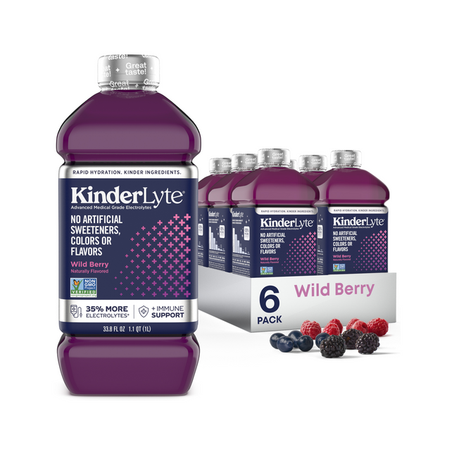 3D rendering of a six-pack of KinderLyte Advanced Wild Berry with visible branding and packaging design, showing all sides of the product, arranged against a plain background.