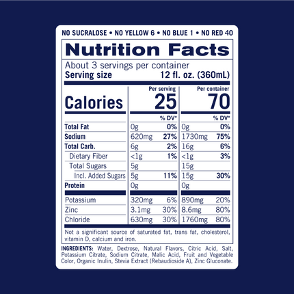 Nutrition facts for KinderLyte Advanced Wild Berry. Contains 25 calories per 12oz serving. 