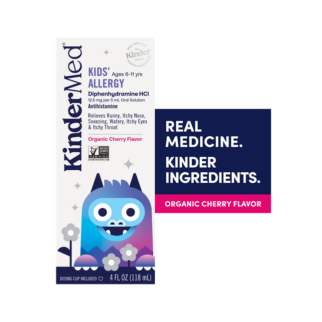 Product packaging render of KinderMed Kids' Allergy. Text reads Real Medicine, Kinder ingredients.