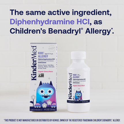 Product rendering of the Kids' Allergy packaging and bottle. Supplemental text reads: the same active ingredient, Diphenhydramine HCI, as Children's Benadryl Allergy.