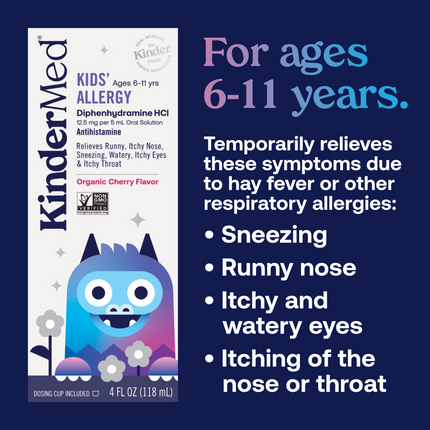 Product packaging and supplemental text that reads: For ages 6-11 years. Temporarily relieves these symptoms due to hay fever or respiratory allergies: sneezing, runny nose, itchy and watery eyes, itching of the nose or throat.