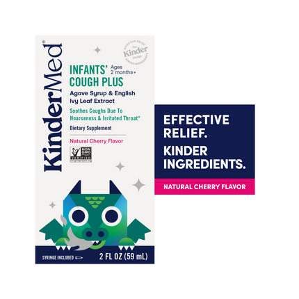 Product packaging rendering of KinderMed Infants' Cough Plus. Effective relief, Kinder ingredients. Natural cherry flavor.