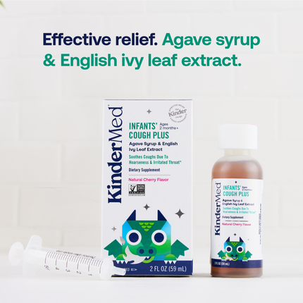 Product packaging and bottle sitting on a clean bathroom countertop. Supplemental text reads: Effective relief. Agave syrup and English ivy leaf extract.