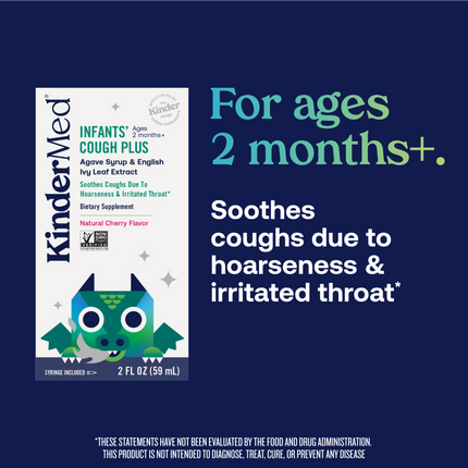 Text that reads: For ages 2 months+. Soothes coughs due to hoarseness and irritated throat.