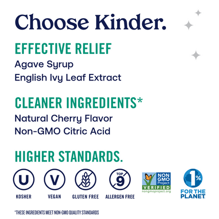 Effective relief with agave syrup and english ivy leaf extract. Cleaner ingredients include natural cherry flavor and non-gmo citric acid.