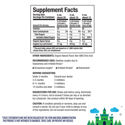 Nutrition facts for KinderMed Infants Cough Plus.