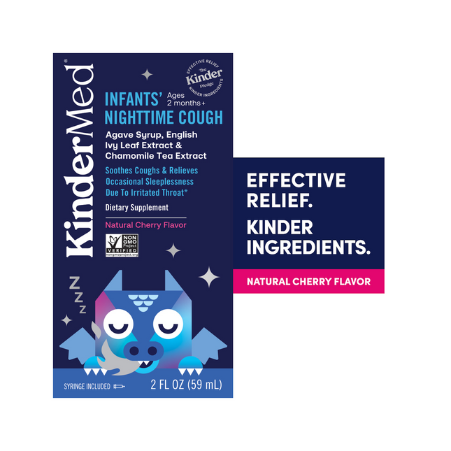 Package Rendering of KinderMed Infants' Nighttime Cough. The box shows an illustration of a sleeping dragon, and reads: Soothes Coughs and Relieves Occasional Sleeplessness Due to Irritated Throat. There is text beside the packaging that reads: Effective relief. Kinder Ingredients. 