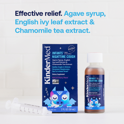 Product packaging and bottle rendering. Supplemental graphic text reads: Effective relief. Agave syrup, English ivy leaf extract and Chamomile tea extract.