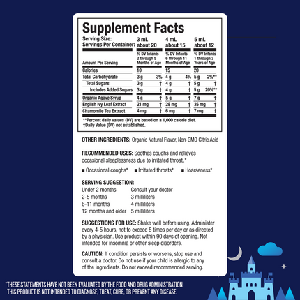 Nutrition facts for KinderMed Infants Nighttime Cough. 