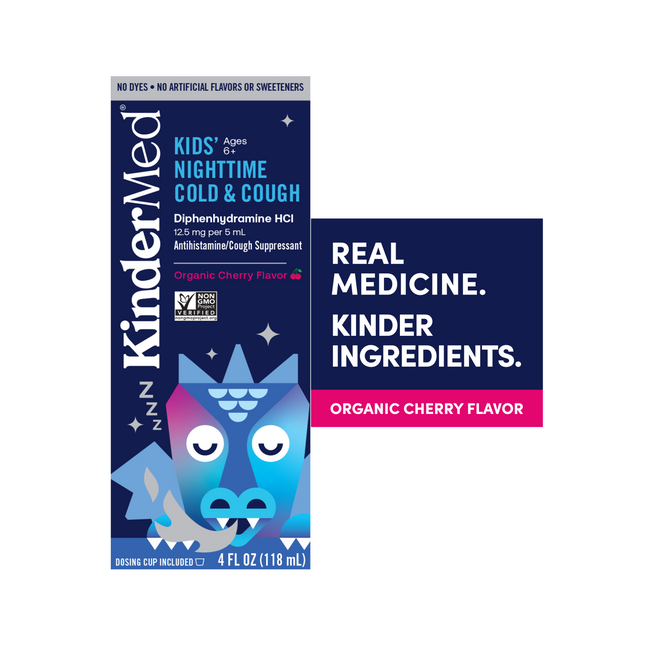 Product packaging render of KinderMed Kids' Nighttime Cold and Cough.