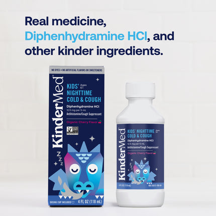 Product packaging render with supplemental text that reads: Real medicine, Diphenhydramine HCI and other kinder ingredients.