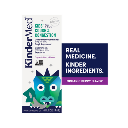 Product packaging render of KinderMed Kids' Cough and Congestion. Packaging shows how this product contains Dextromethorphan HBr, 5mh per 5mL. Also contains Guaifenesin, 100mg per 5mL as an expectorant.