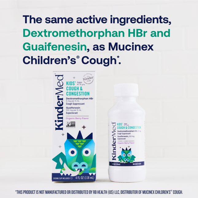 Product packaging and bottle sitting on a clean countertop. Supplemental text  reads: The same active ingredients, Dextromethorphan HBr and Guaifenesin, as Muxinex Children's Cough.