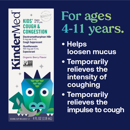 Product packaging image and supplemental text that reads: For ages 4-11 years. Helps loosen mucus, temporarily relieves the intensity of coughing and temporarily relieves the impulse to cough.