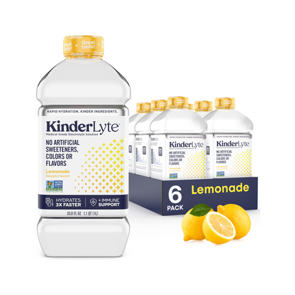 3D rendering of a six-pack of KinderLyte Lemonade with visible branding and packaging design, showing all sides of the product, arranged against a plain background.
