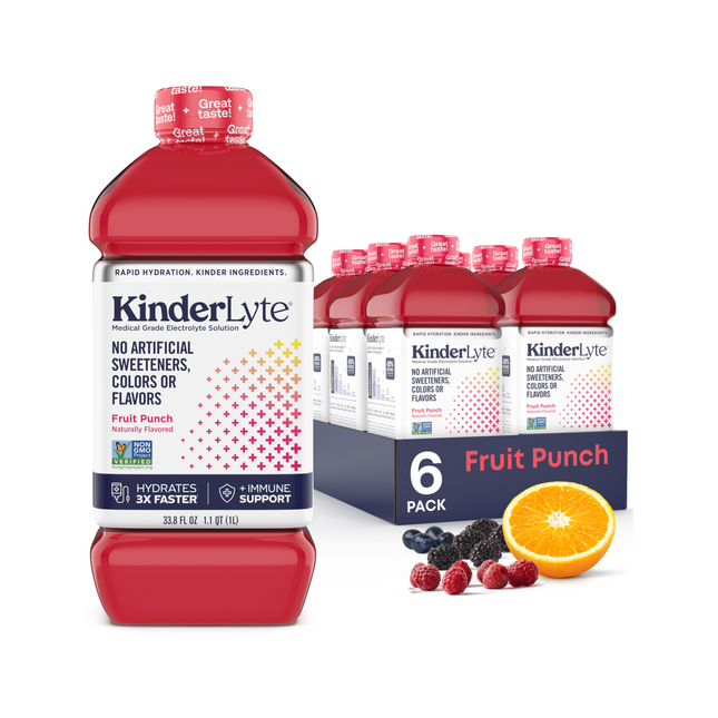 3D rendering of a six-pack of KinderLyte Fruit Punch with visible branding and packaging design, showing all sides of the product, arranged against a plain background.