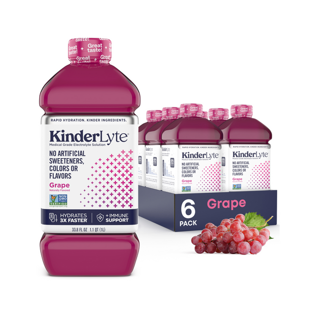 3D rendering of a six-pack of KinderLyte Grape with visible branding and packaging design, showing all sides of the product, arranged against a plain background.