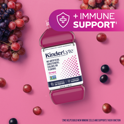 A lay flat image of a bottle of KinderLyte grape, surrounded by grapes and text that reads Immune Support.