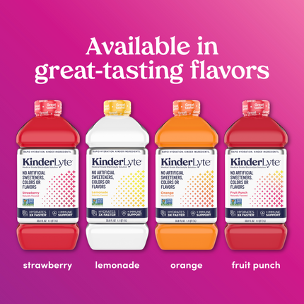 KinderLyte is also available in flavors Strawberry, Lemonade, Orange and Fruit Punch.