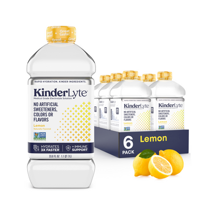 3D rendering of a six-pack of KinderLyte Lemon with visible branding and packaging design, showing all sides of the product, arranged against a plain background.
