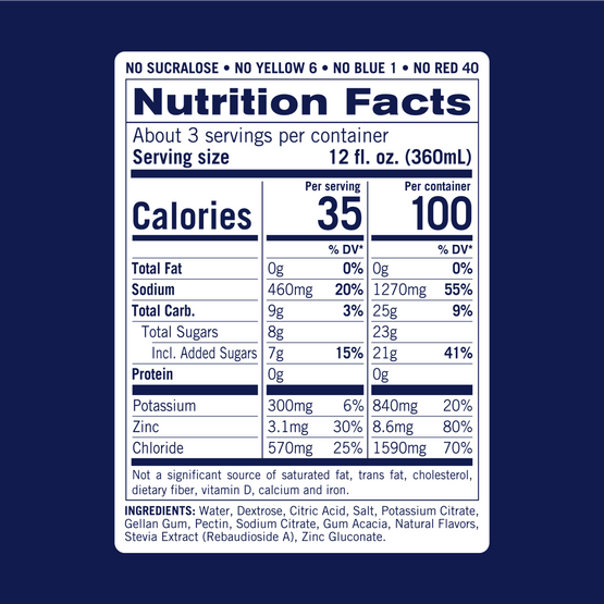 Nutrition facts for KinderLyte Lemon. Contains 35 calories per 12oz serving. 