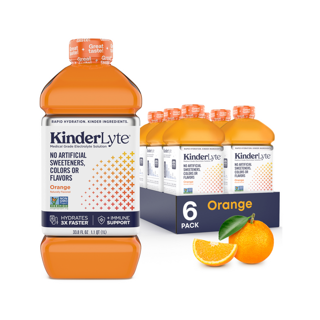 3D rendering of a six-pack of KinderLyte Orange with visible branding and packaging design, showing all sides of the product, arranged against a plain background.