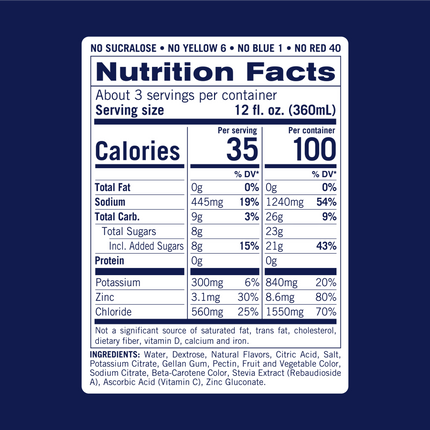 Nutrition facts for KinderLyte Orange. Contains 35 calories per 12oz serving. 