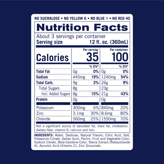 Nutrition facts for KinderLyte Orange. Contains 35 calories per 12oz serving. 