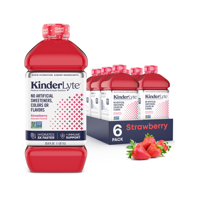 3D rendering of a six-pack of KinderLyte Strawberry with visible branding and packaging design, showing all sides of the product, arranged against a plain background.