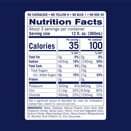 Nutrition facts for KinderLyte Strawberry. Contains 35 calories per 12oz serving. 