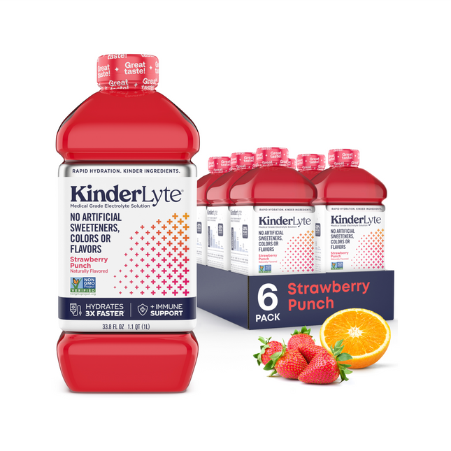 3D rendering of a six-pack of KinderLyte Strawberry Punch with visible branding and packaging design, showing all sides of the product, arranged against a plain background.