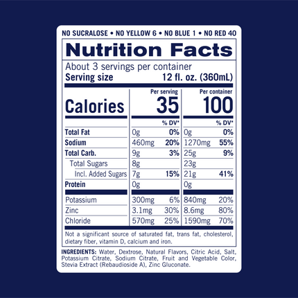 Nutrition facts for KinderLyte Strawberry Punch. Contains 35 calories per 12oz serving. 