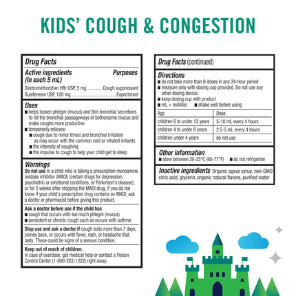 Nutrition and drug facts for Kids' Cough and Congestion.