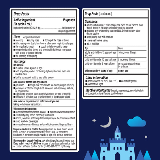 Nutrition facts for KinderMed Kids' Nighttime Cold and Cough.