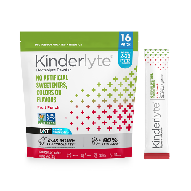 3D rendering of KinderLyte® 16ct Electrolyte Powder Fruit Punch bag and sachet against a plain background.