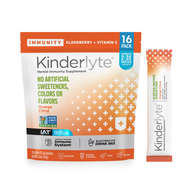 3D rendering of KinderLyte® 16ct Herbal Immunity Supplement Orange Citrus bag and sachet against a plain background.