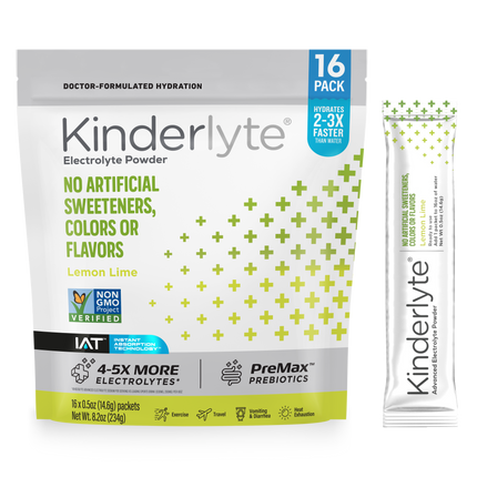 3D rendering of KinderLyte® 16ct Electrolyte Powder Lemon Lime bag and sachet against a plain background.