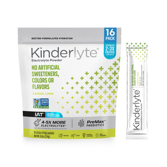 3D rendering of KinderLyte® 16ct Electrolyte Powder Lemon Lime bag and sachet against a plain background.