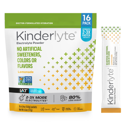 3D rendering of KinderLyte® 16ct Lemonade Electrolyte Powder bag and sachet against a plain background.