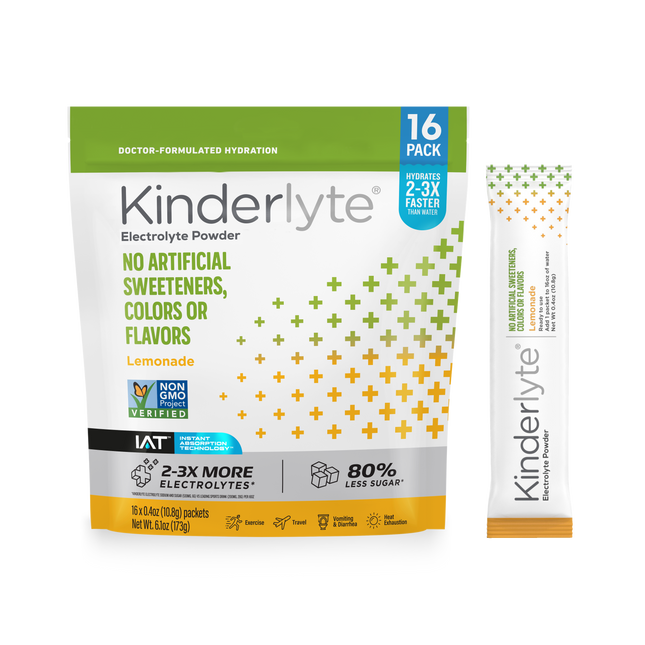 3D rendering of KinderLyte® 16ct Lemonade Electrolyte Powder bag and sachet against a plain background.