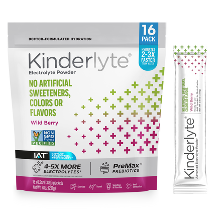 3D rendering of KinderLyte® 16ct Electrolyte Powder Wild Berry bag and sachet against a plain background.