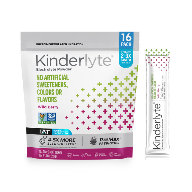 3D rendering of KinderLyte® 16ct Electrolyte Powder Wild Berry bag and sachet against a plain background.