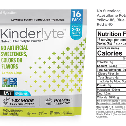 3D rendering of KinderLyte® 16ct Powder bag and Nutrition Facts against a plain background.