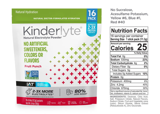 3D rendering of KinderLyte® 16ct Powder bag and Nutrition Facts against a plain background.